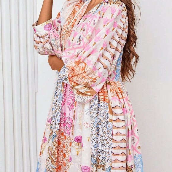 Multicolor Bohemian  Women's Lantern Sleeve V Neck Tie Pockets Maxi Dress - Picture 5 of 5